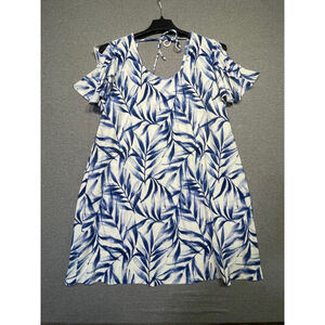 Women Mango Basics Dress XL White Blue Leaf Print